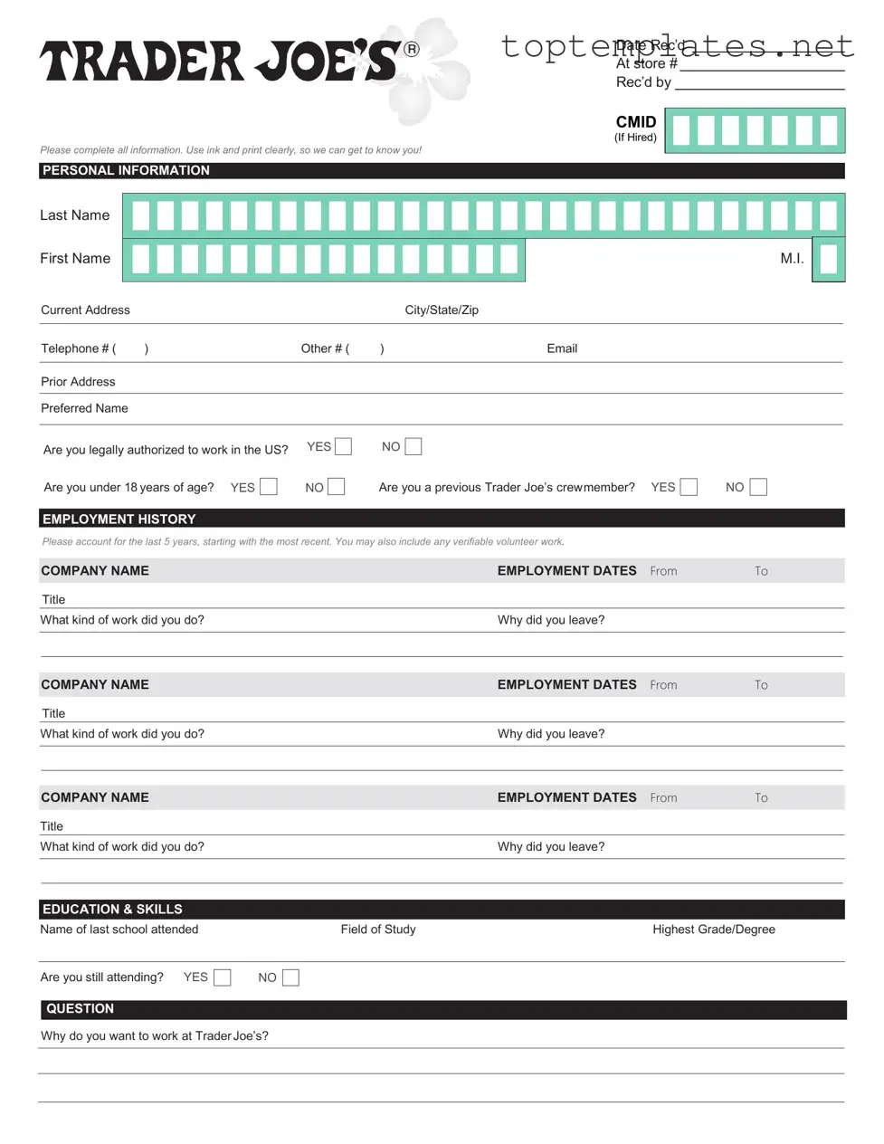 Free Trader Joe's application PDF Form