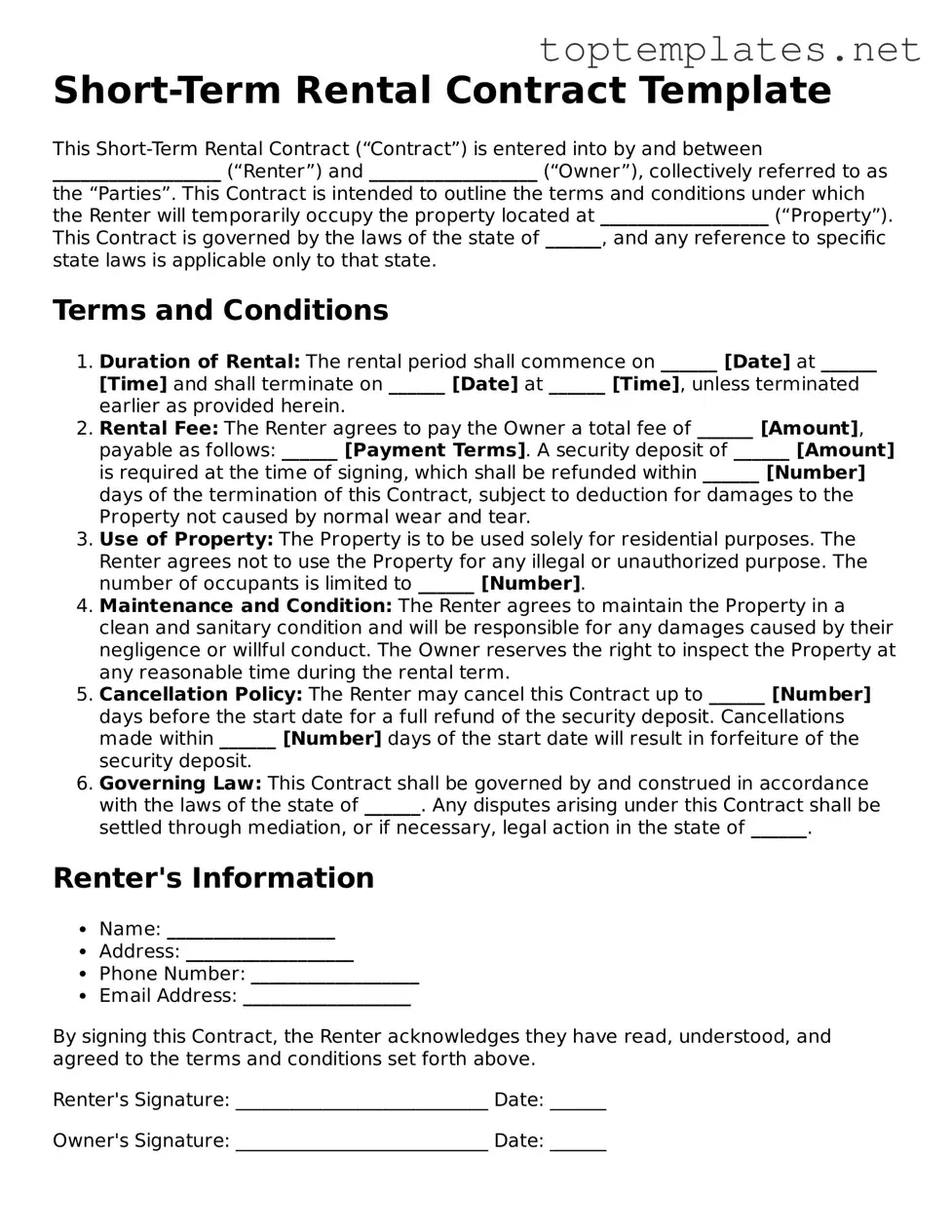 Valid Short-Term Rental Contract Template
