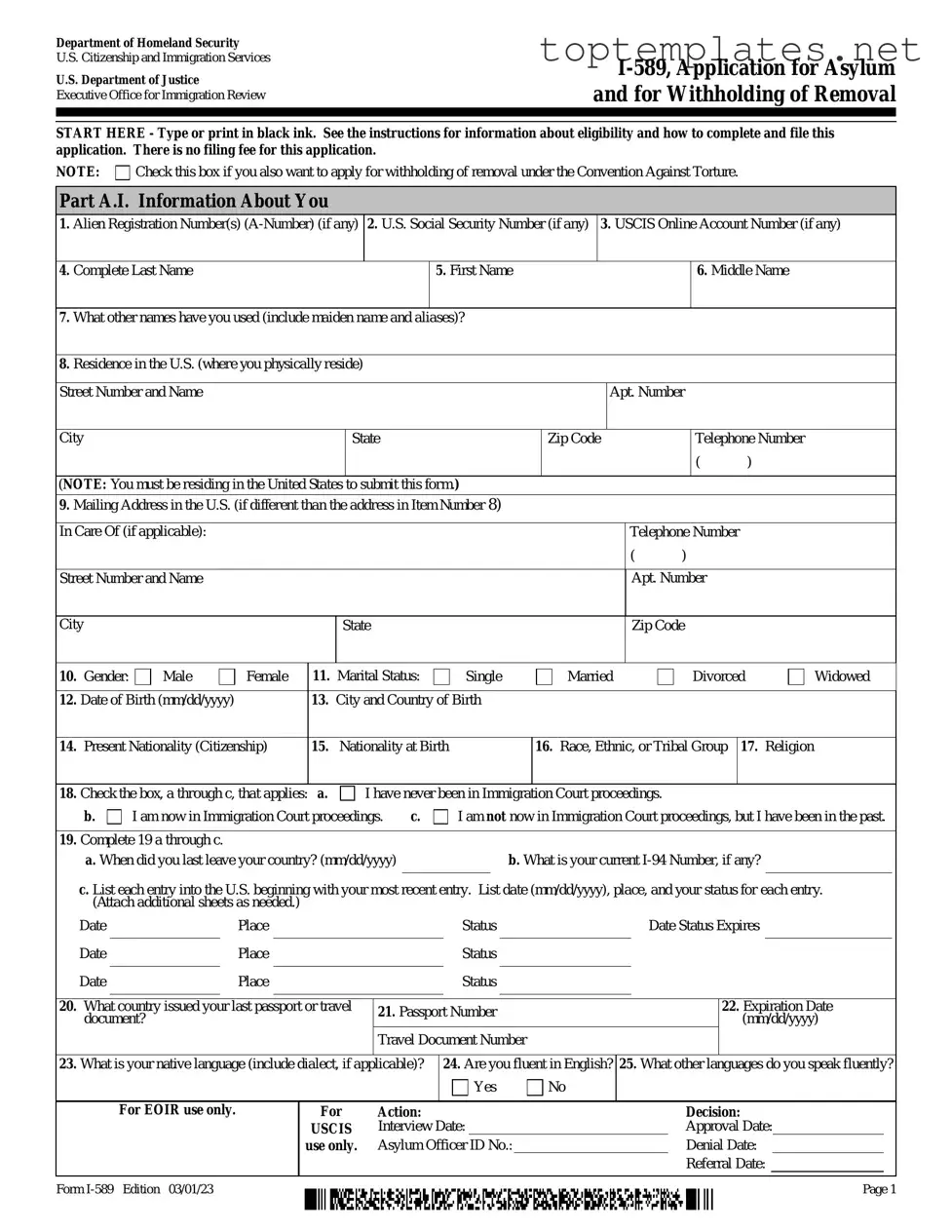 Free USCIS I-589 PDF Form