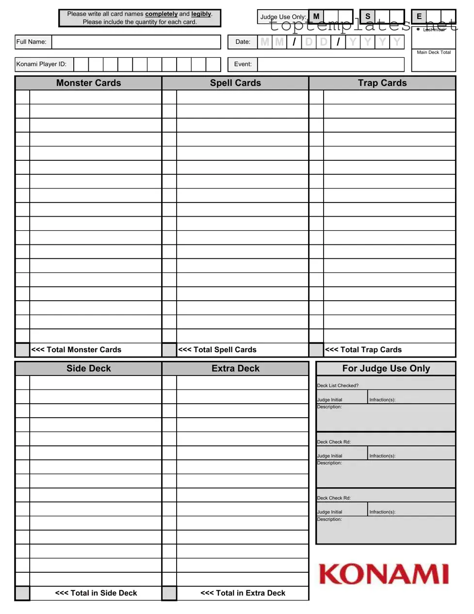 Free Konami Decklist PDF Form